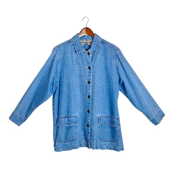 VTG 90s Y2K Faded Glory Flannel Lined Button Front Chore Barn Blue Denim Jacket - Picture 2 of 9